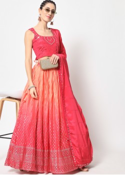 Red  Chinon Silk Designer Lehenga 